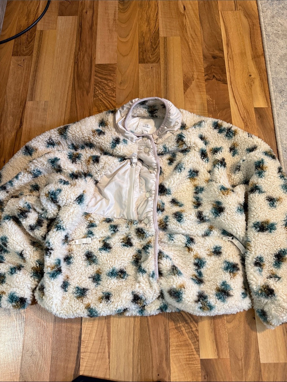 Thread & Supply Cream Sherpa Jacket with Teal and Brown Spots